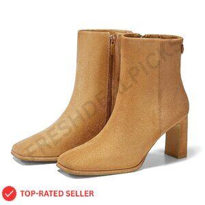 Square Toe Ankle Boots Chunky Heel Side Zipper Faux Suede Winter Booties